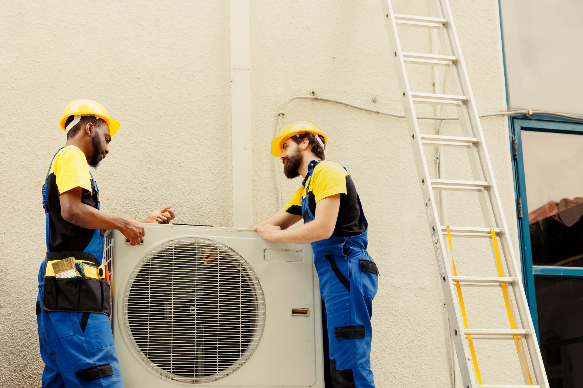 Technician installing outdoor AC unit
